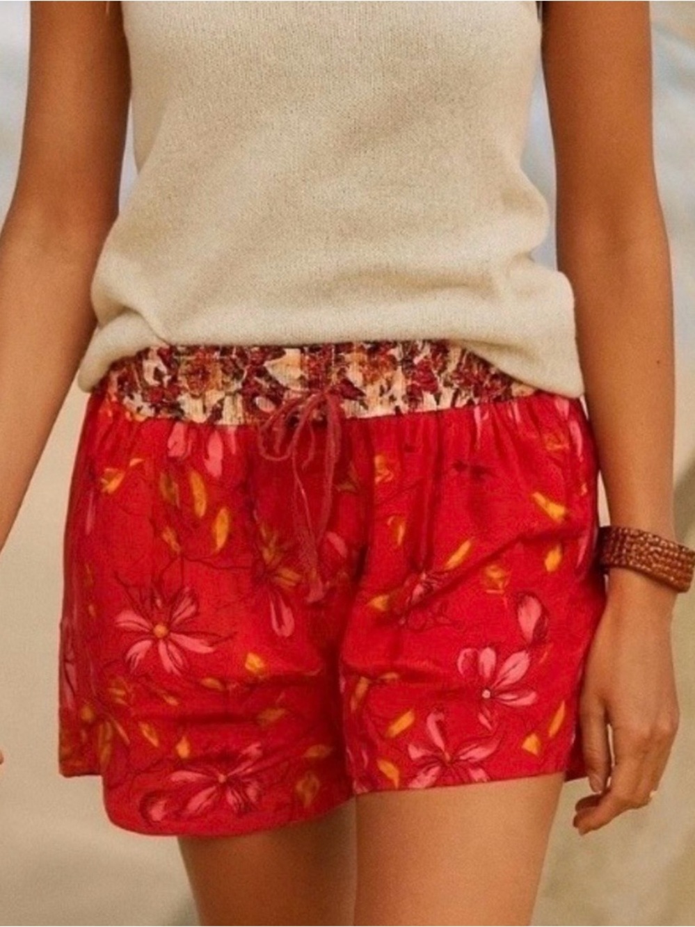 Sundance Living Kai Shorts Drawstring Floral Red Pink Boho Cotton Size S